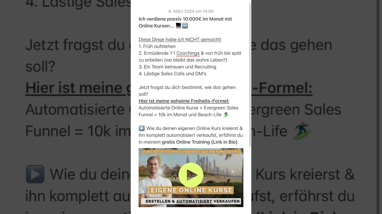Freiheits-Formel: Automatisierte Online Kurse + Evergreen Sales Funnel = 10k im Monat & Beach-Life