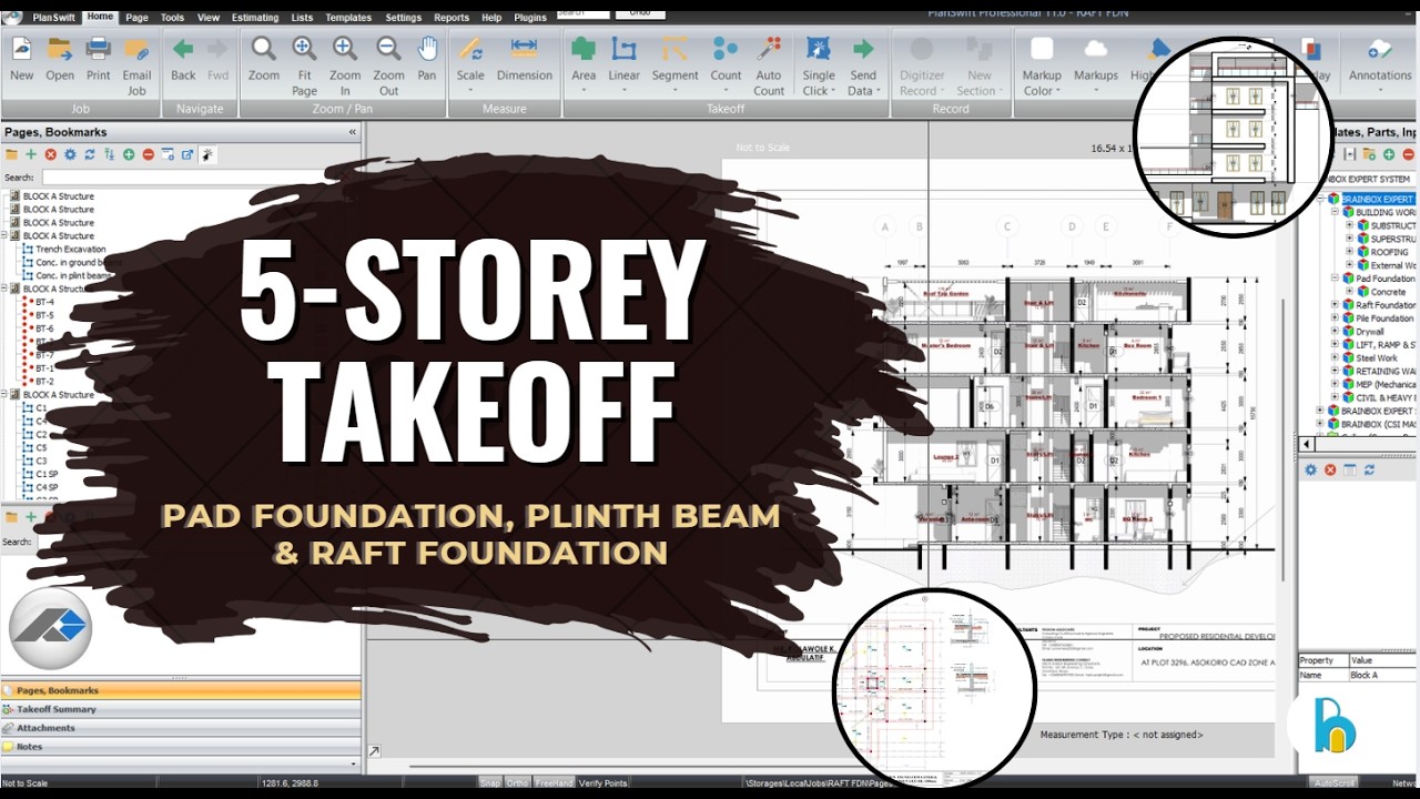 PlanSwift Quantity Takeoff Tutorial–5 Storey High-Rise Building | Pad & Raft Foundation, Plinth Beam